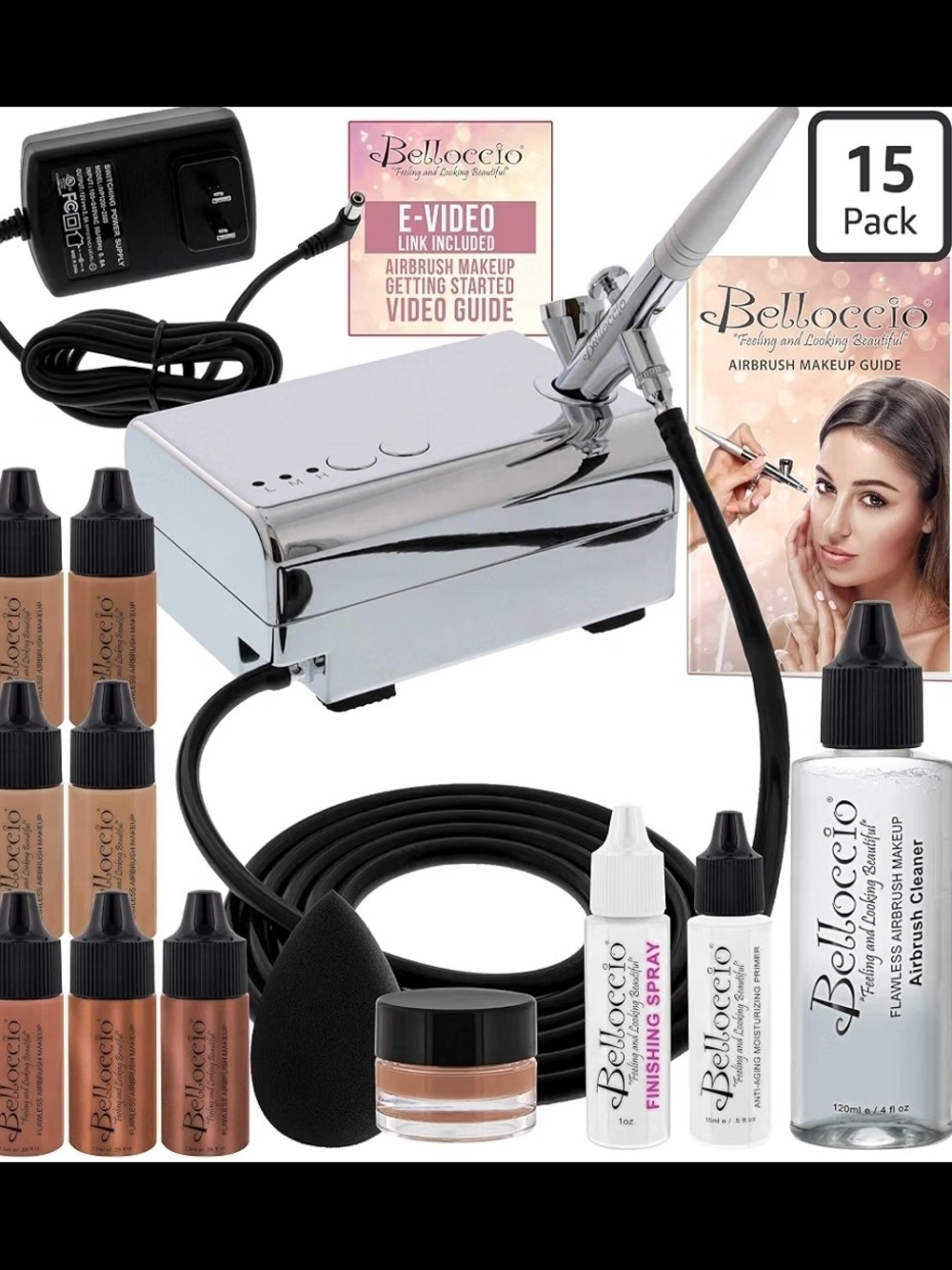 Belloccio Airbrush Makeup System Kit 4 Tan Foundations Compressor Set - Picture 5 of 7